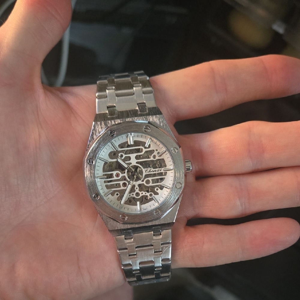 Silver Skeleton Dial Watch